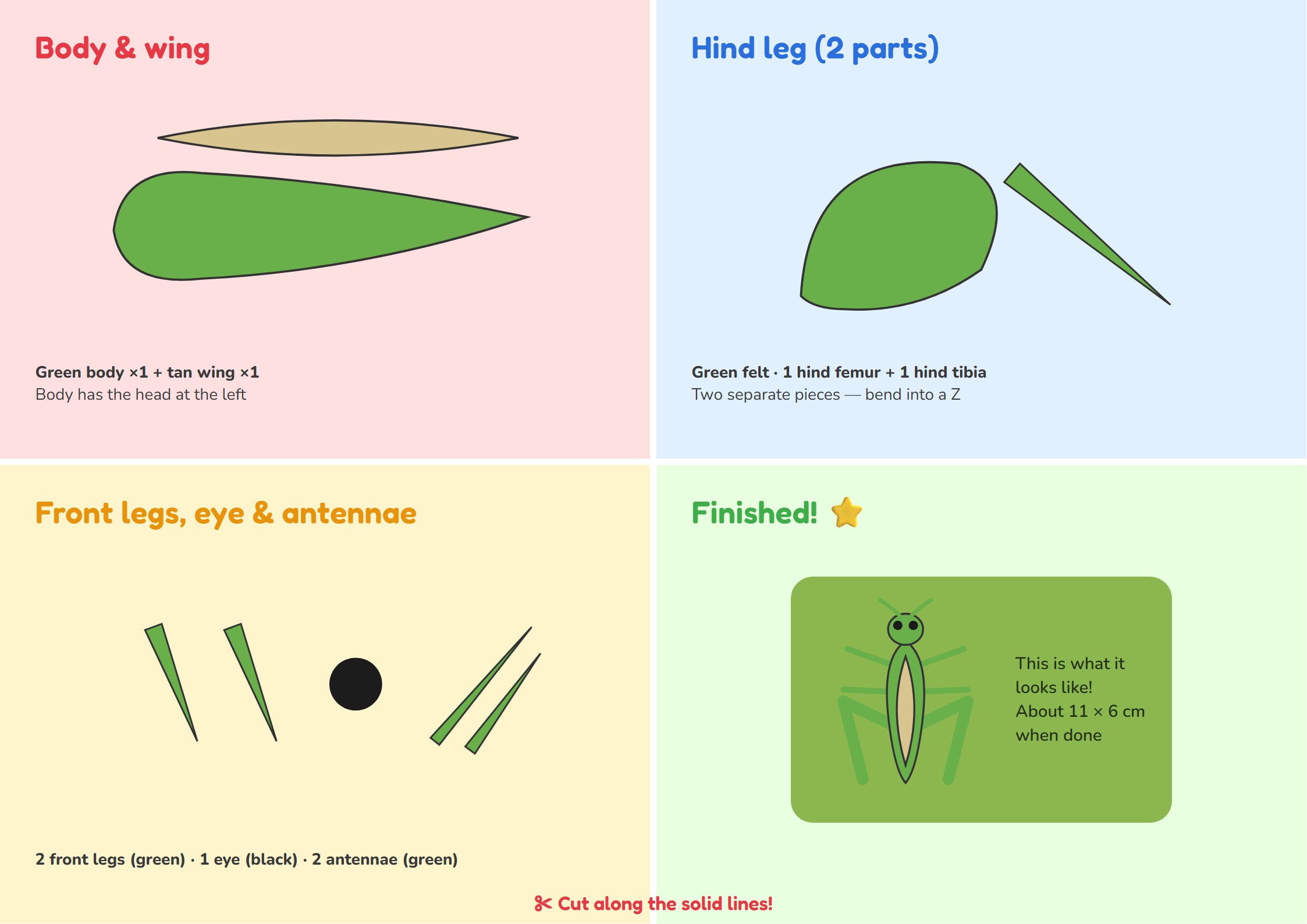 Meadow Grasshopper felt puzzle kit — cutting template