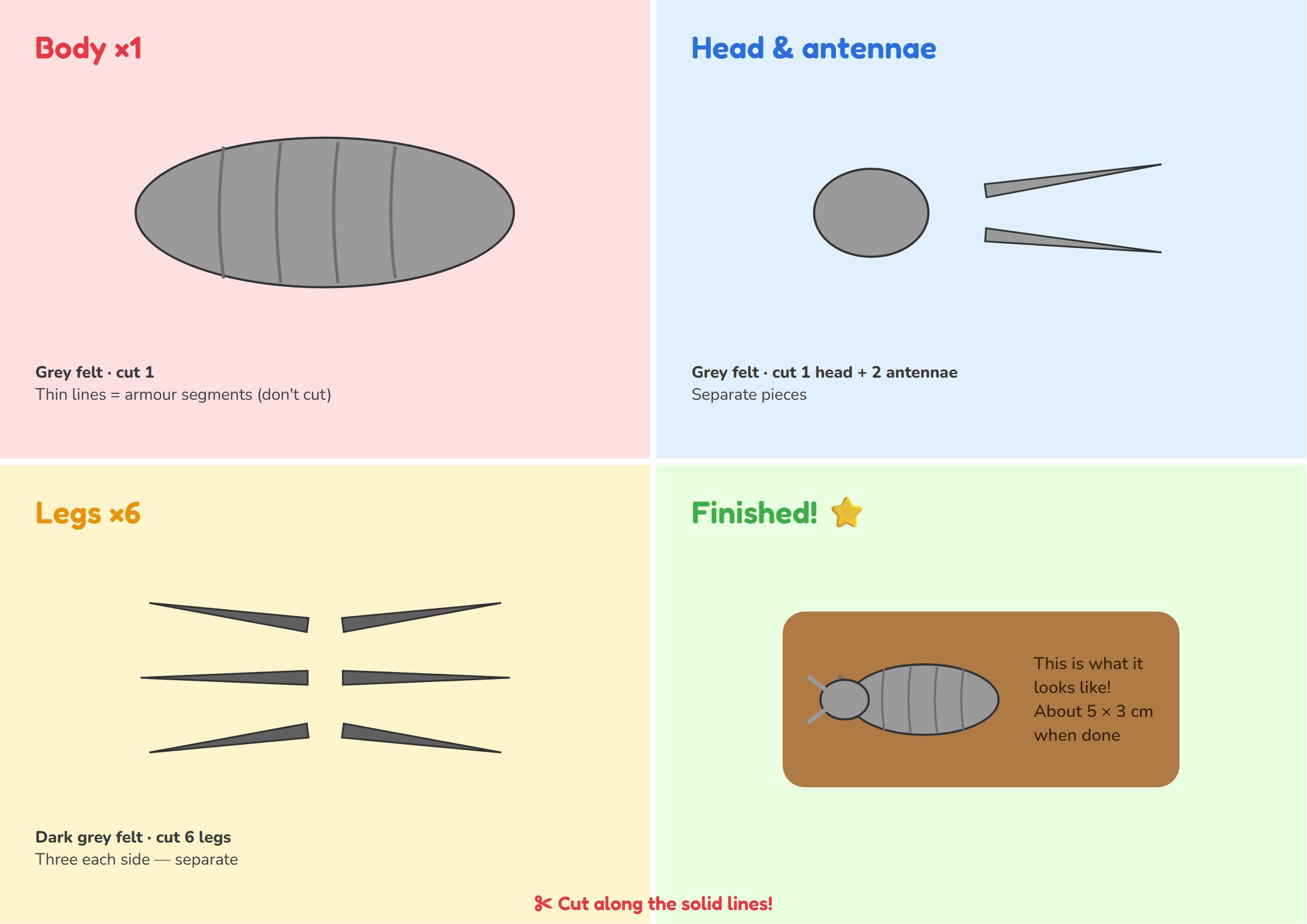 Woodlouse felt puzzle kit — cutting template