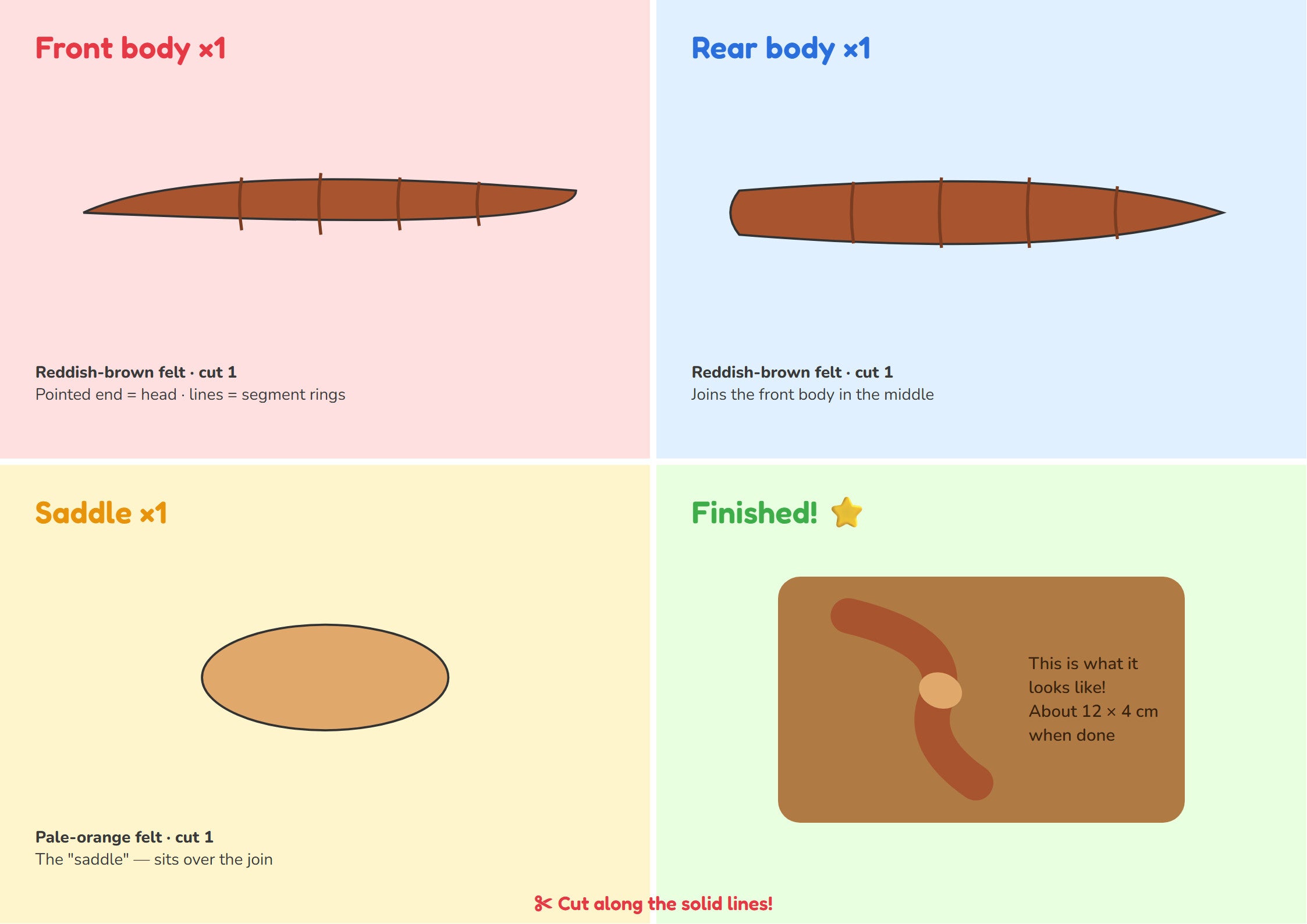 Earthworm felt puzzle kit — cutting template