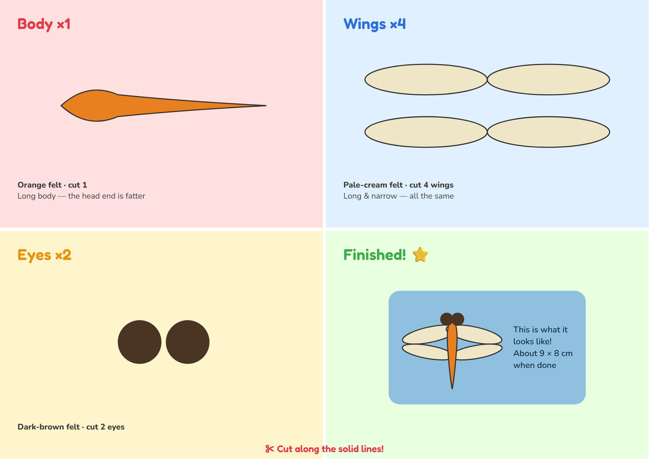 Common Darter Dragonfly felt puzzle kit — cutting template