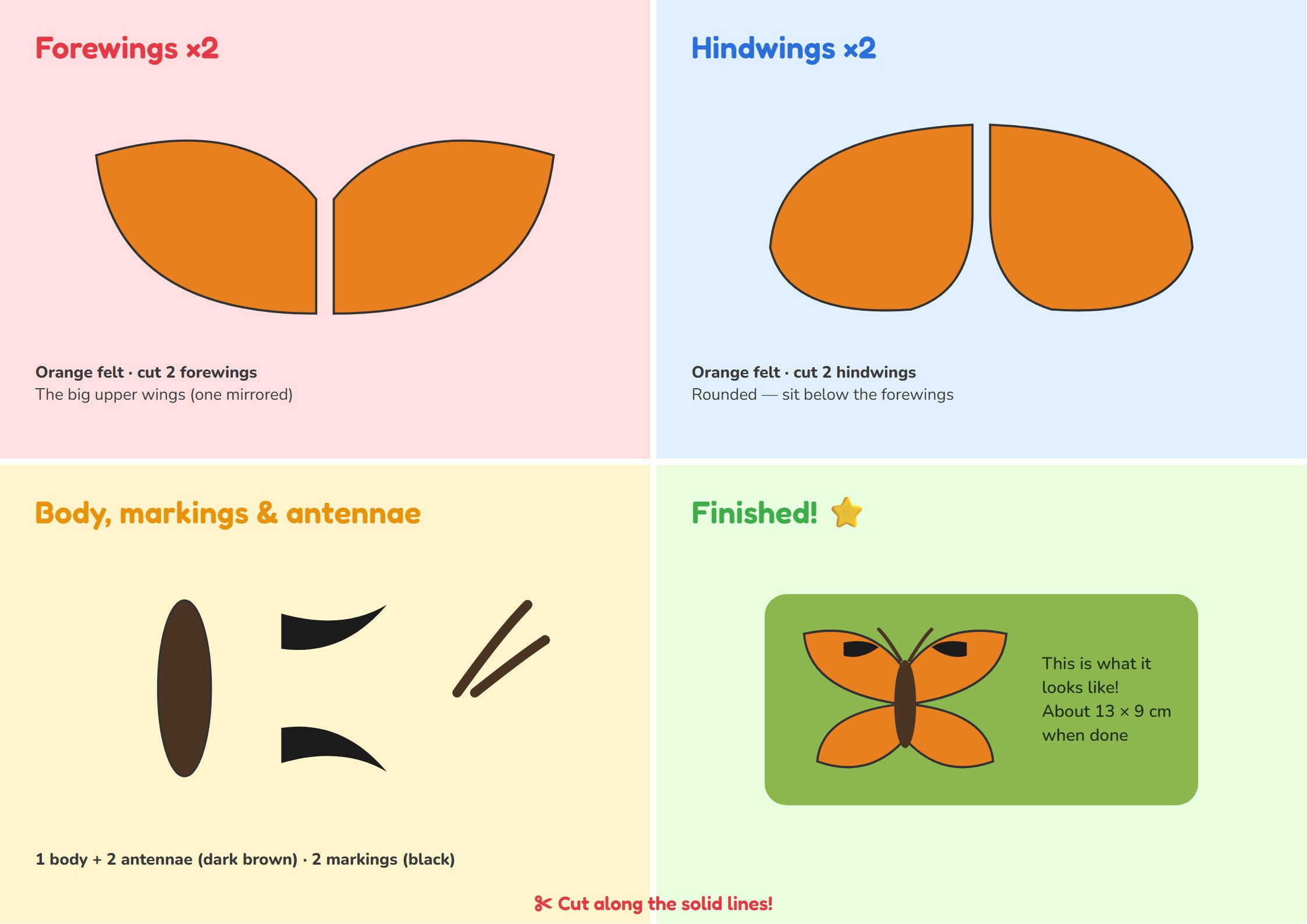 Small Tortoiseshell Butterfly felt puzzle kit — cutting template