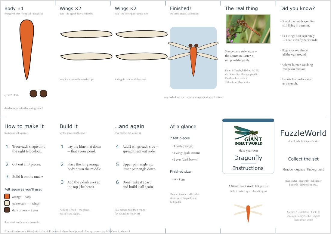 Common Darter Dragonfly felt puzzle kit (Fuzzle)