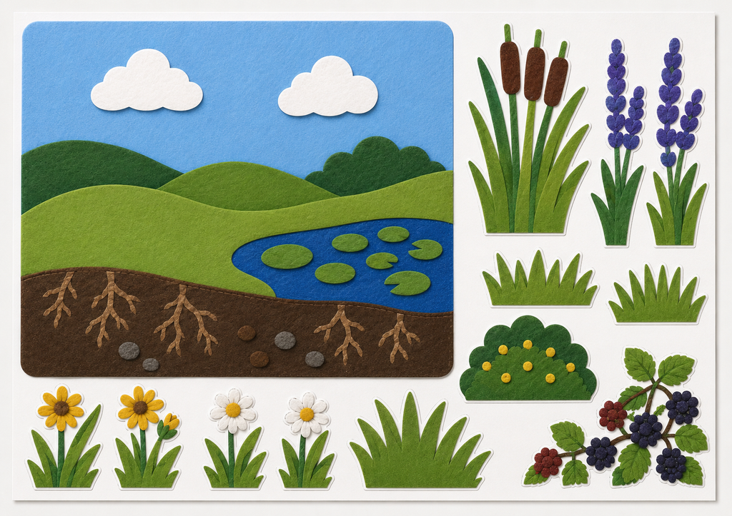 Fuzzy felt board of insects and their habitats